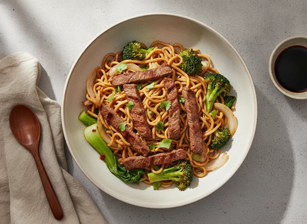 Salteado de res con fideos y verduras photo