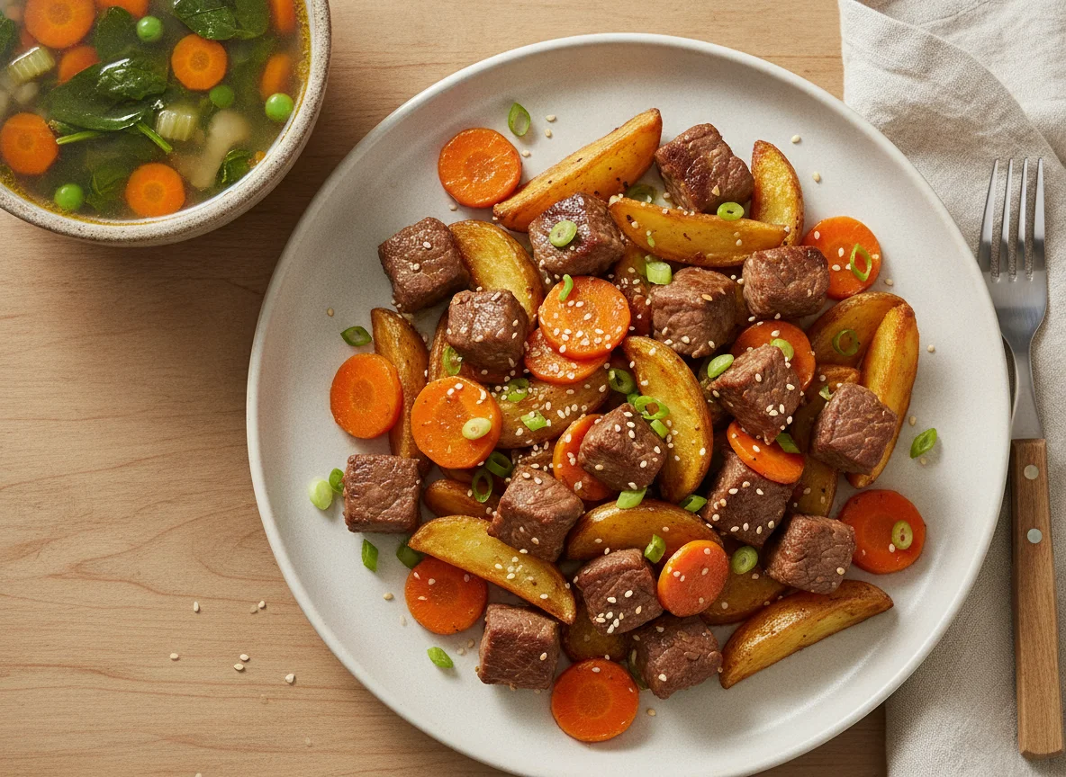 Salteado de res con zanahoria y papas con sopa de verduras photo