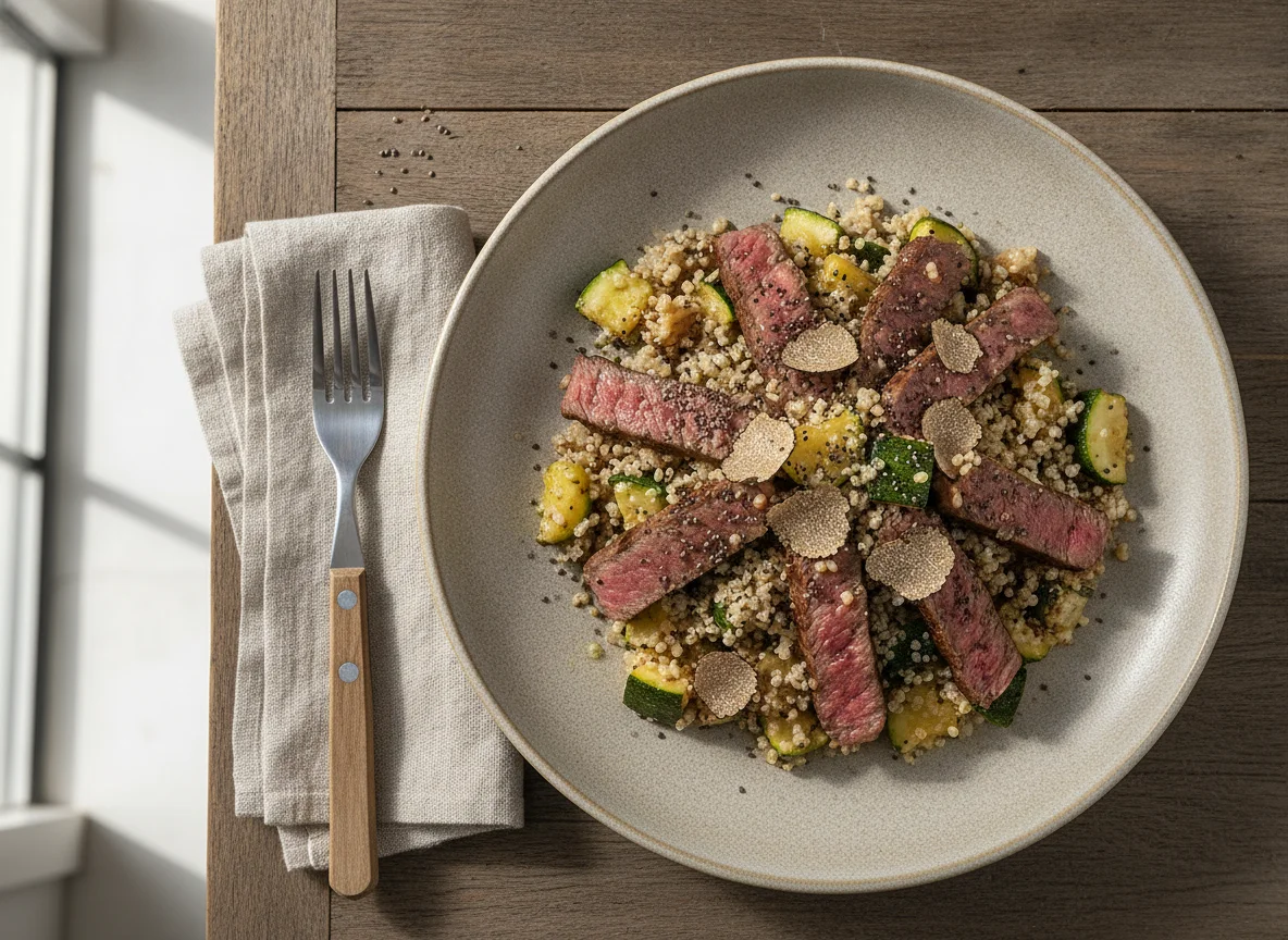 Salteado de solomillo con arroz integral, quinoa y zapallito photo