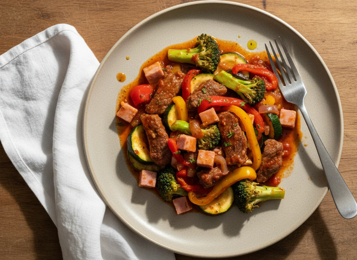 Salteado de ternera y verduras con jamón cocido photo