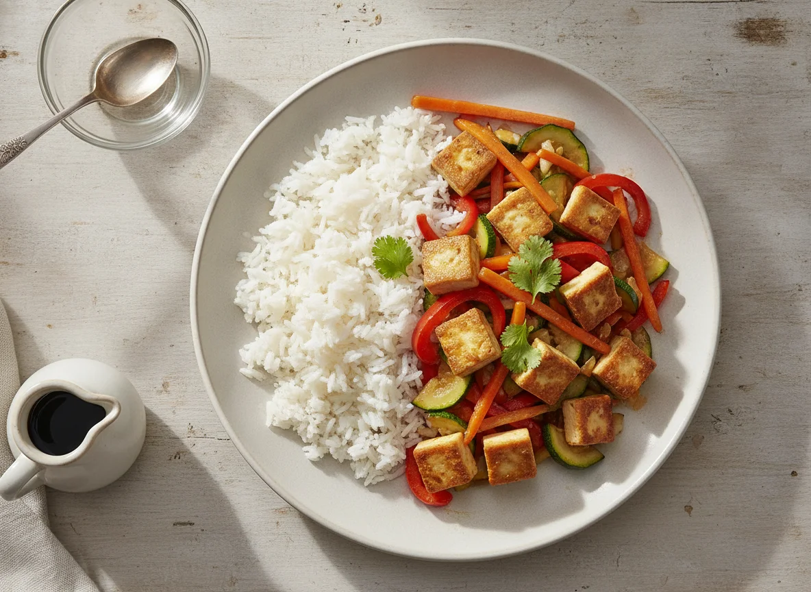 Salteado de tofu con vegetales y arroz photo