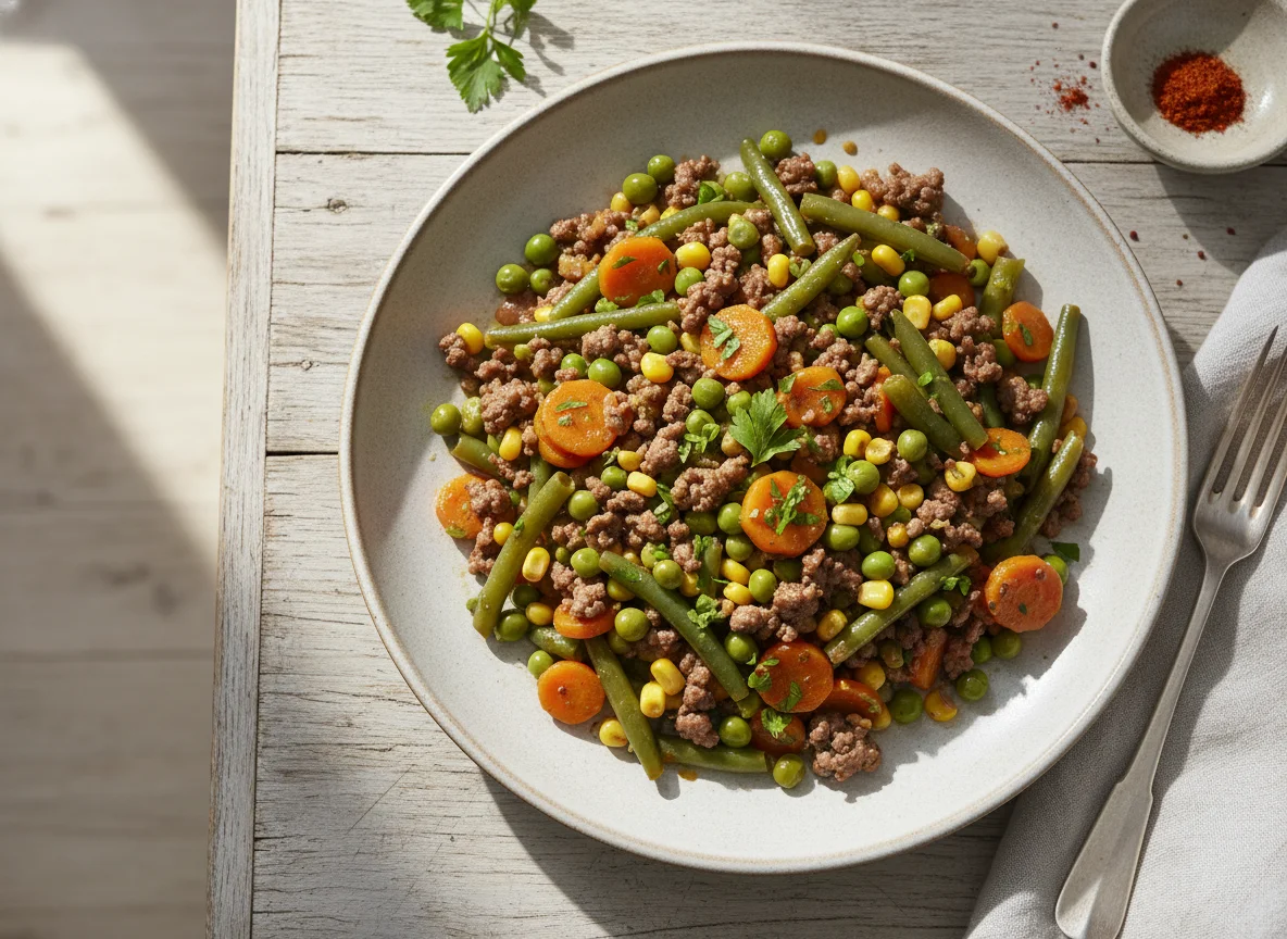 Salteado de verduras con carne picada photo