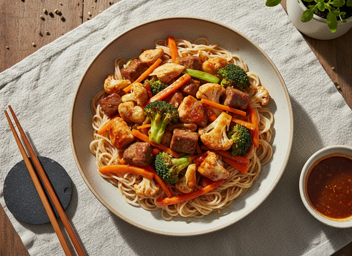 Salteado de verduras con carne y pollo photo