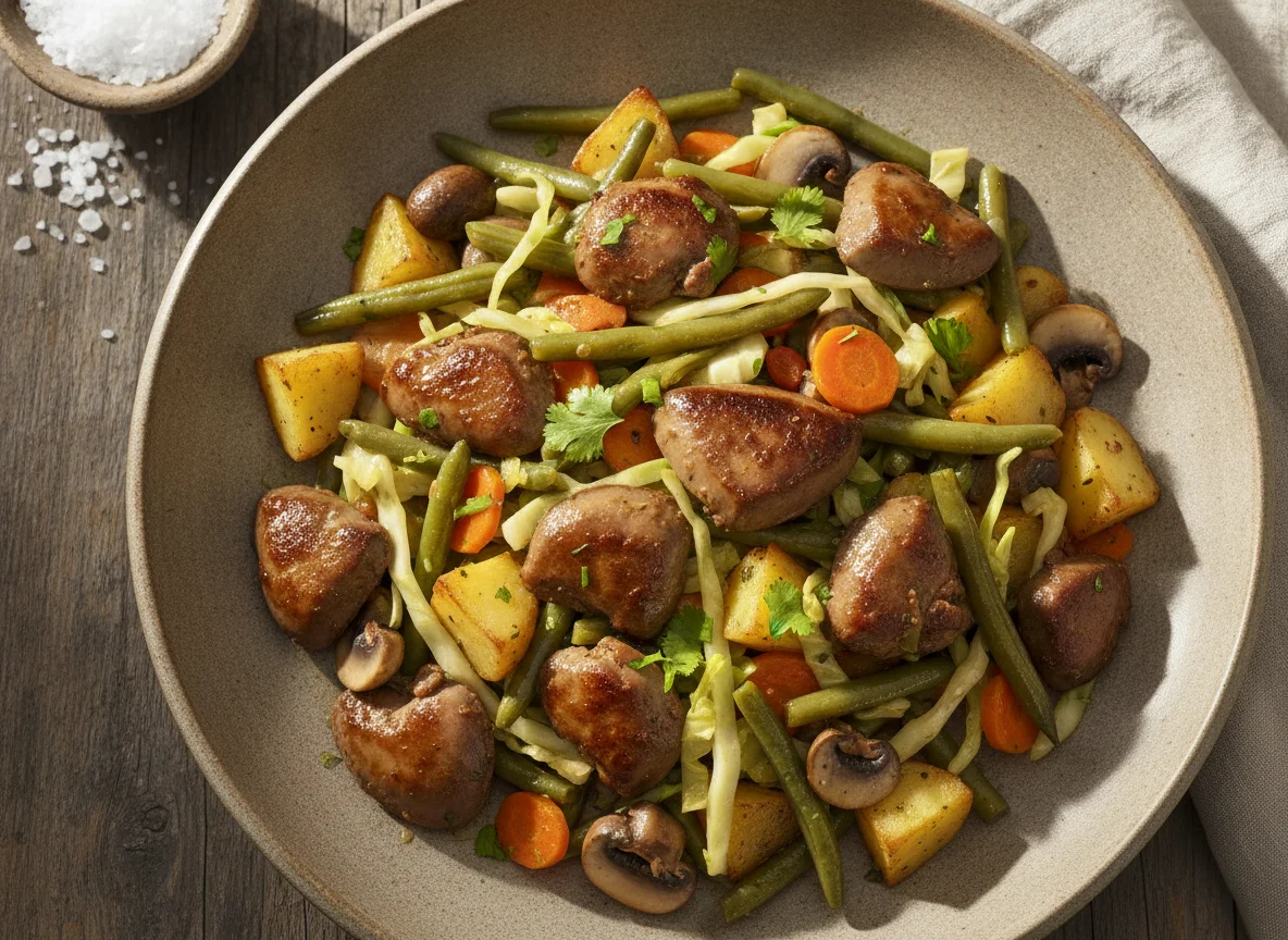 Salteado de verduras con hígados de pollo photo
