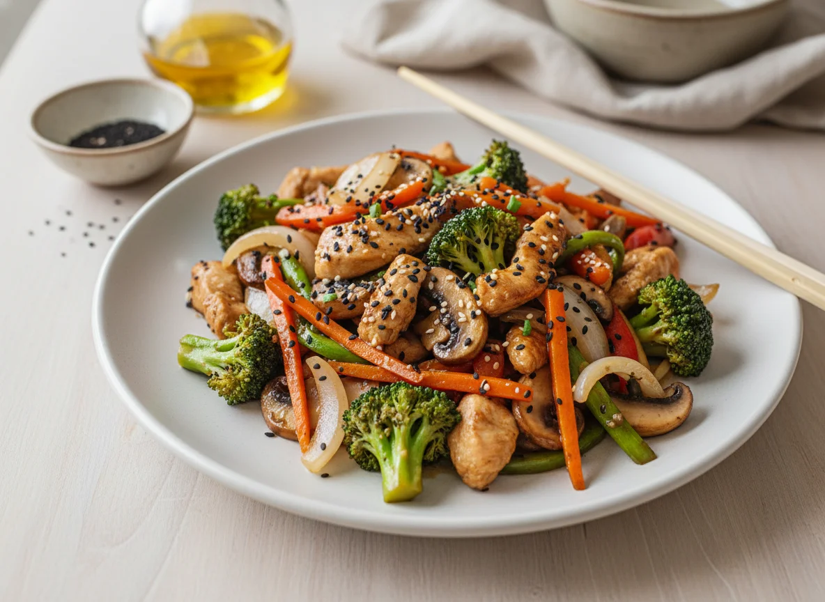 Salteado de verduras con pollo y semillas de sésamo photo