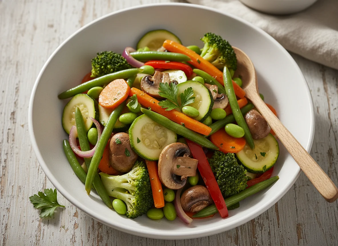 Salteado de verduras con setas y edamame photo