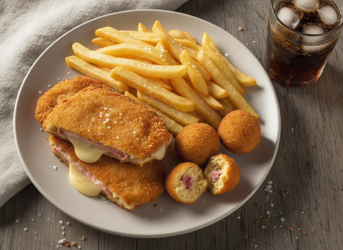 San Jacobo con patatas fritas y croquetas photo