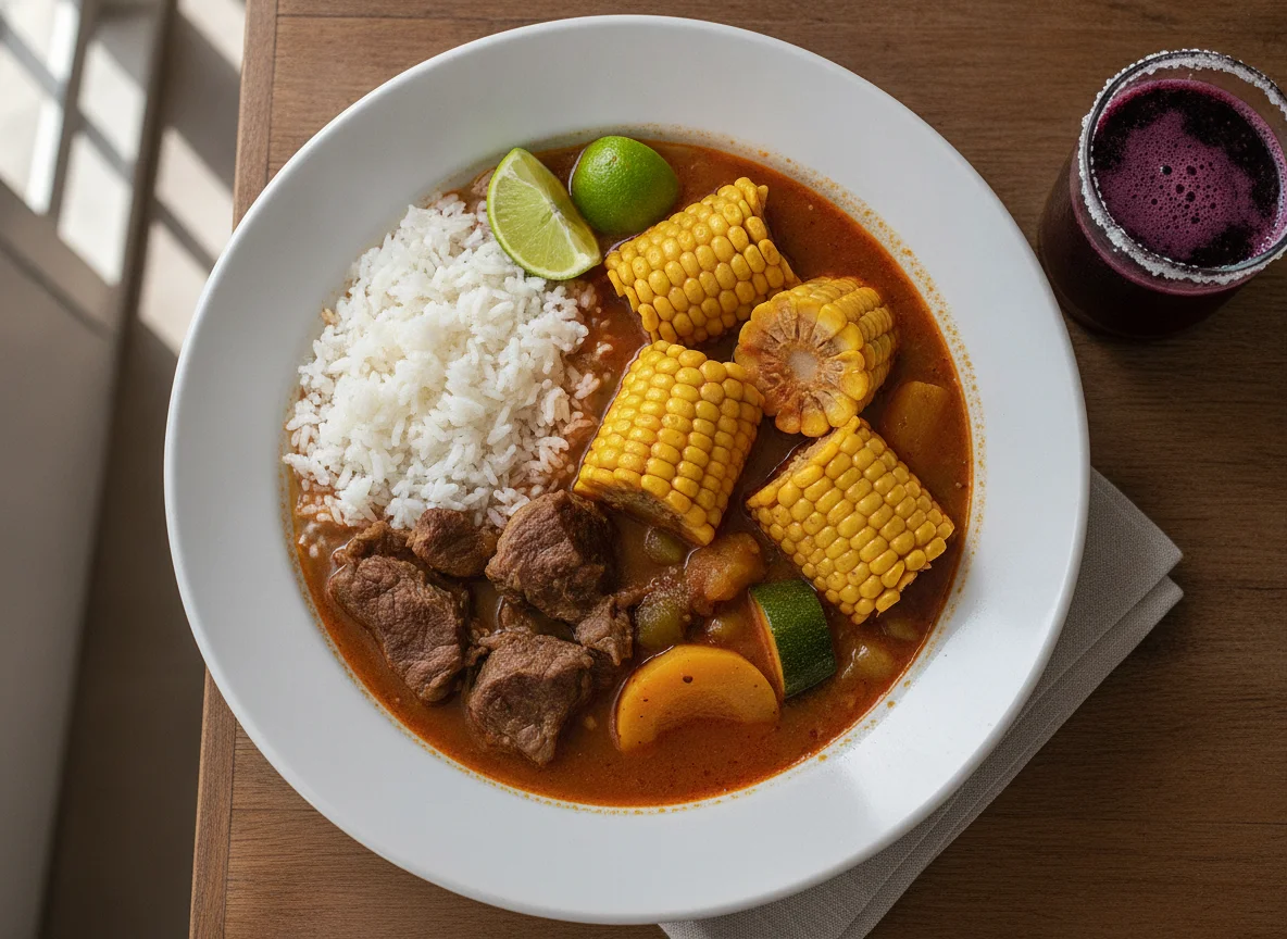 Sancocho de carne con arroz y jugo de mora photo