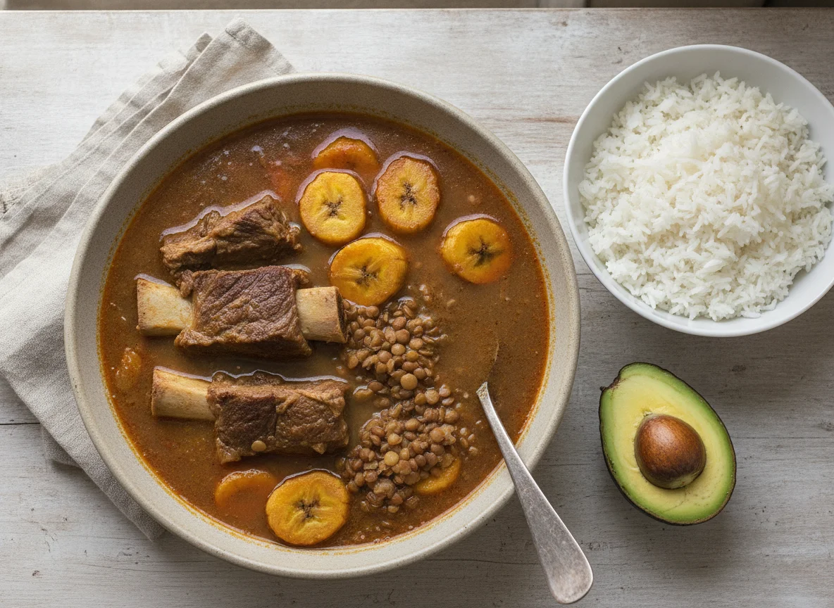Sancocho de costilla con arroz y aguacate photo