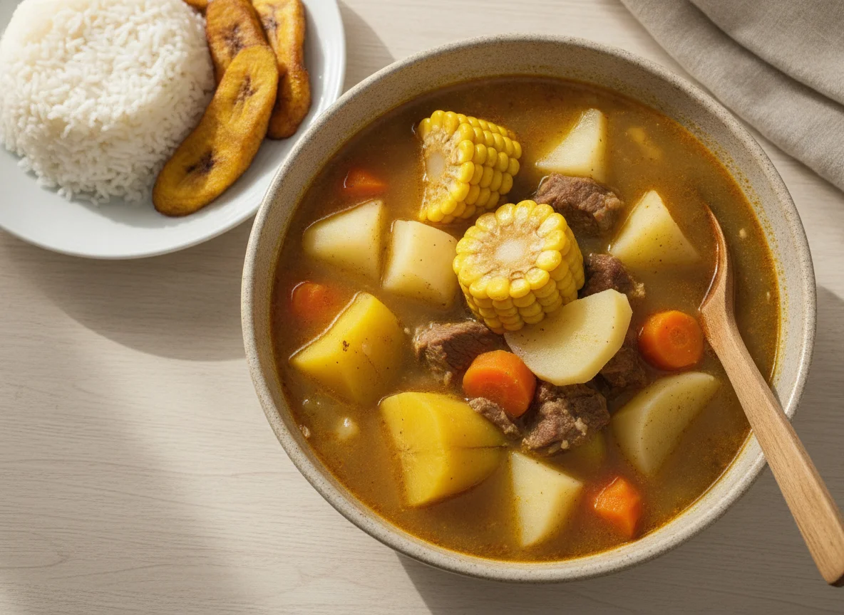 Sancocho peruano con arroz y plátano photo