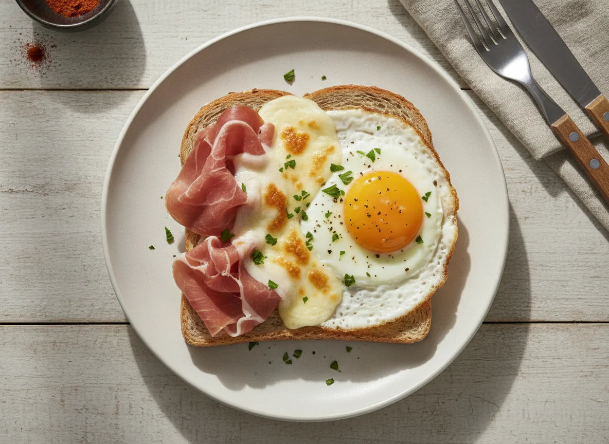 Sándwich abierto de jamón, huevo y queso photo