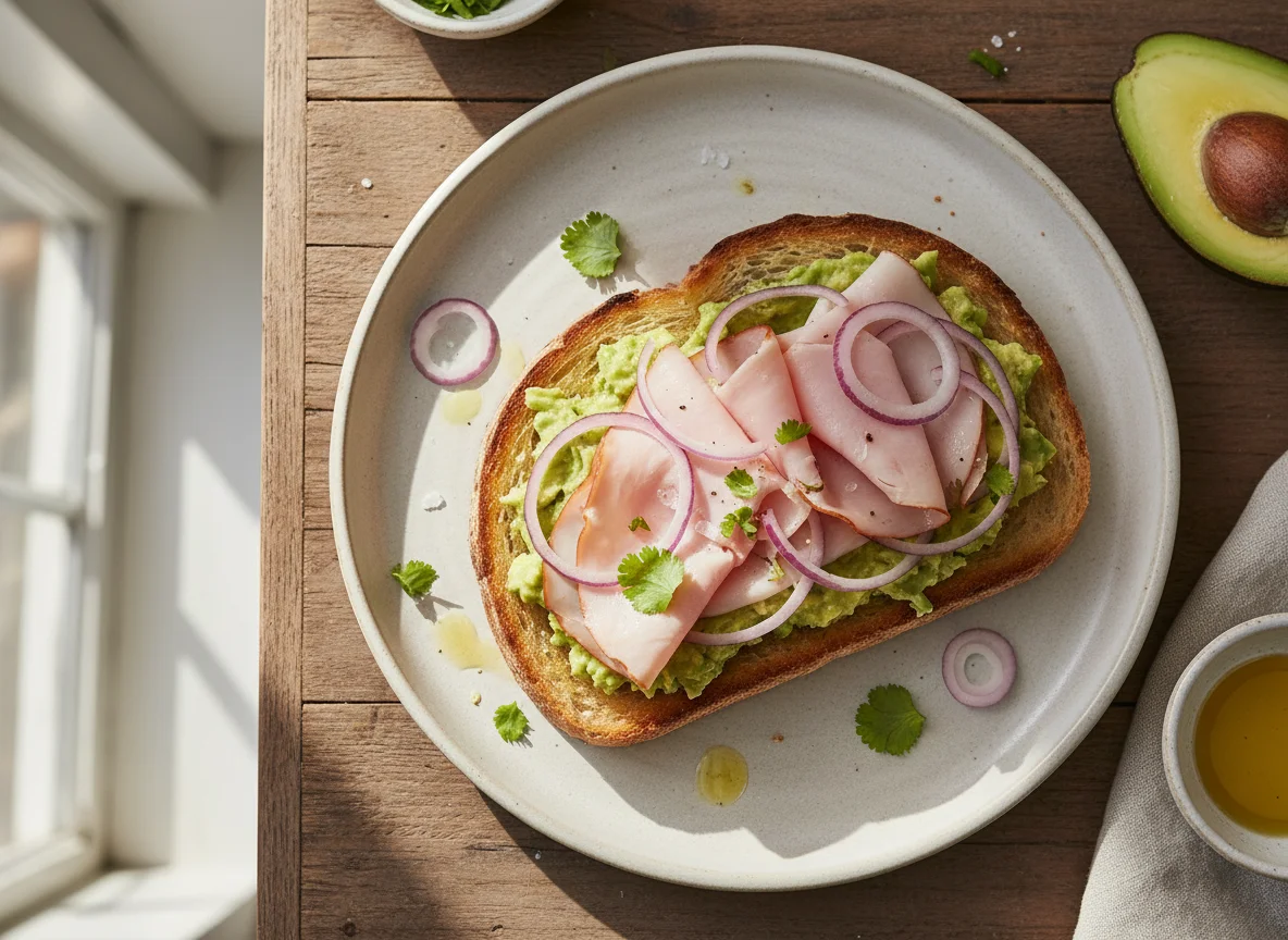 Sándwich abierto de jamón y aguacate photo