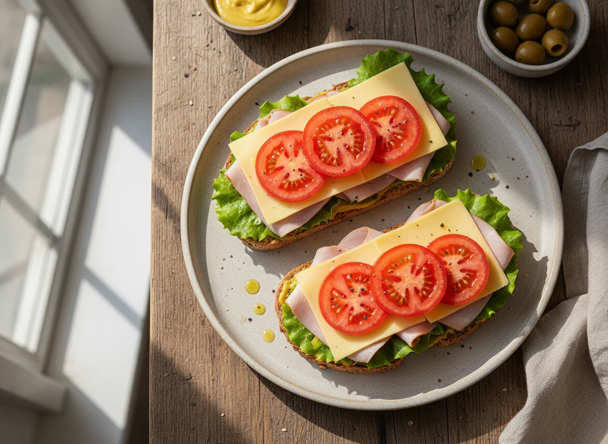Sándwich abierto de jamón y queso photo