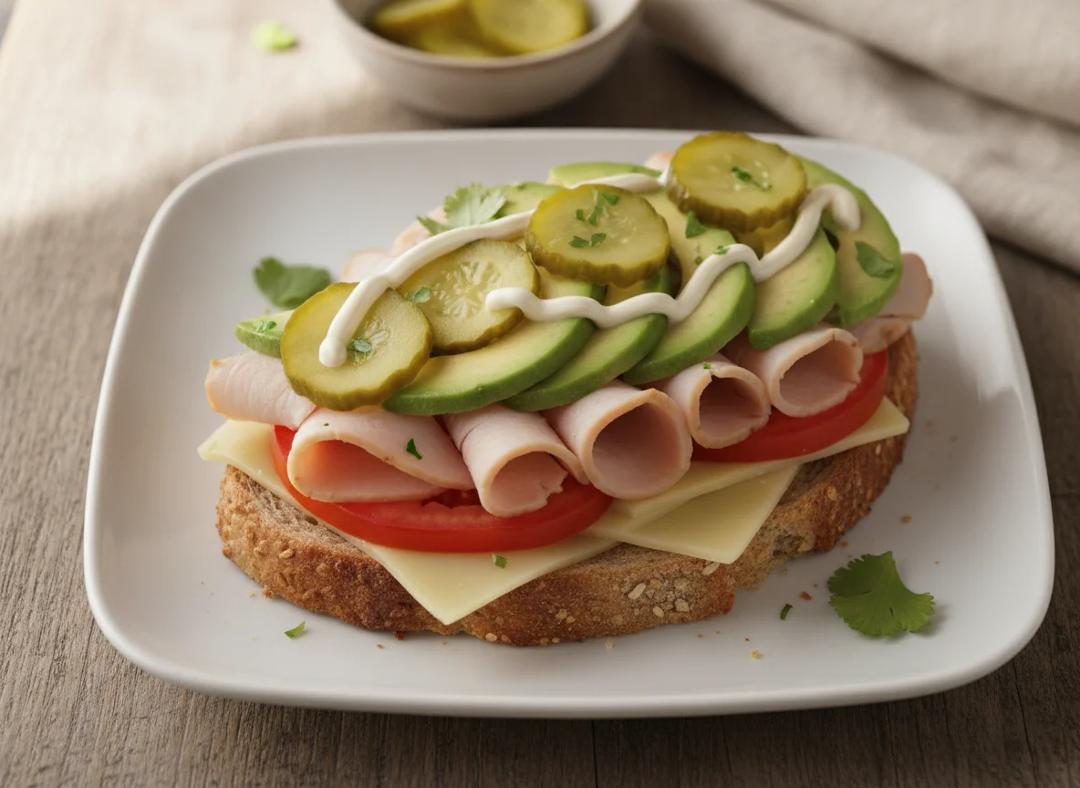 Sándwich abierto de pavo y palta con pepinillos photo