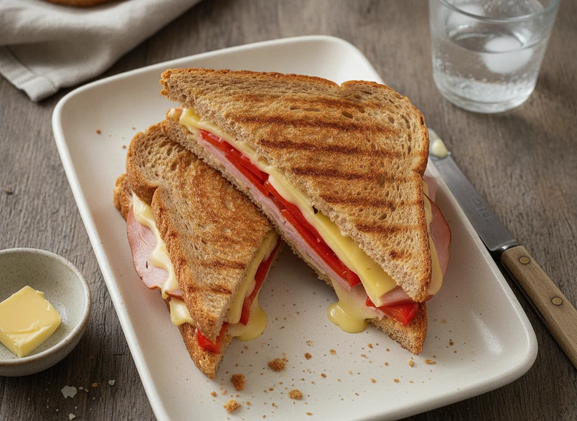 Sándwich caliente de pan integral con jamón, queso y morrón photo
