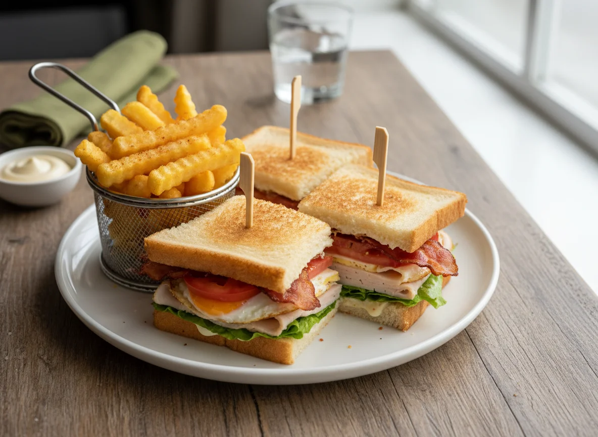 Sándwich Club con patatas fritas photo