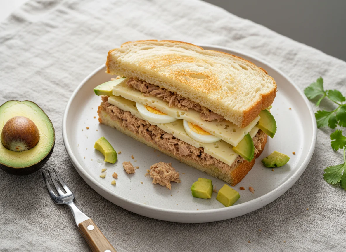 Sándwich de atún con huevo, queso panela y aguacate photo