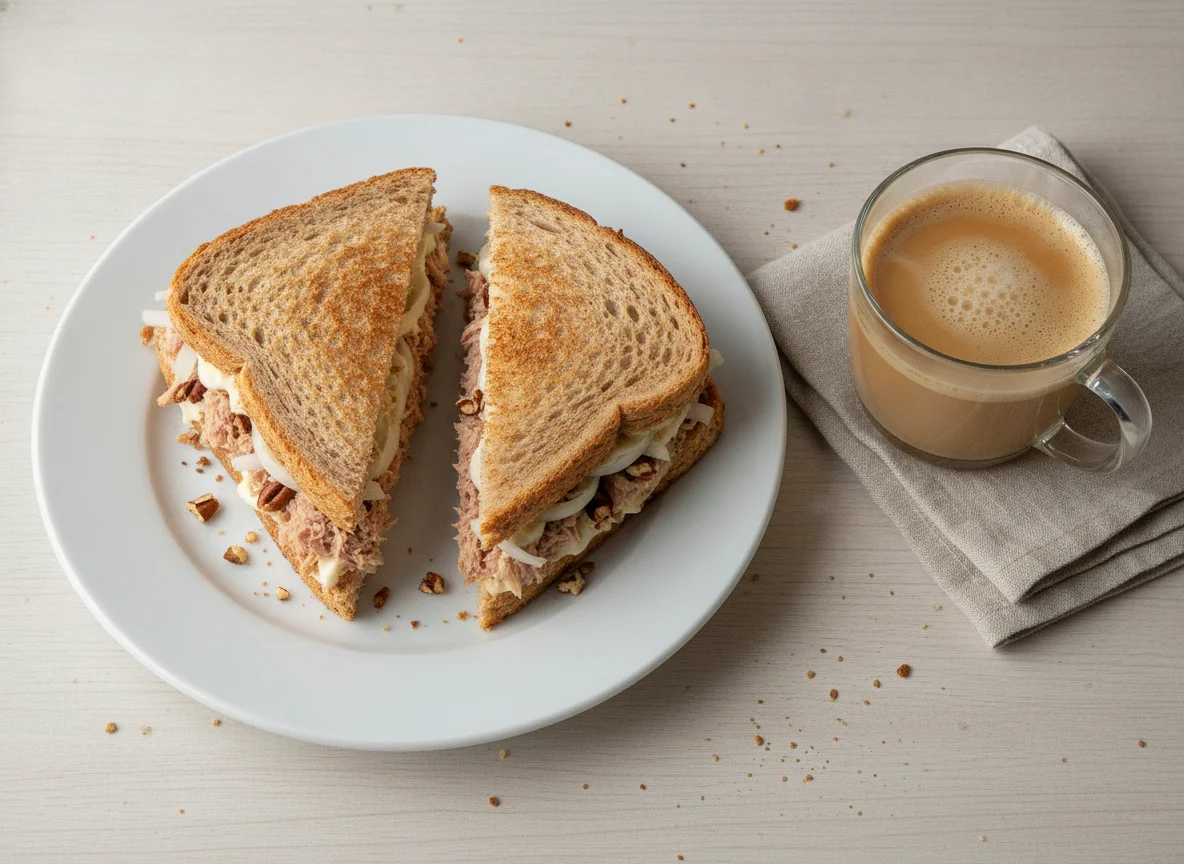 Sándwich de atún con nueces y café con leche photo