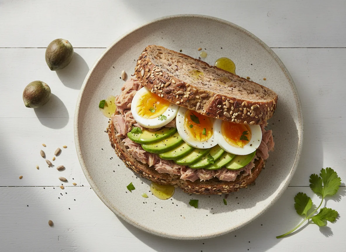 Sándwich de atún, huevo y aguacate en pan de semillas photo