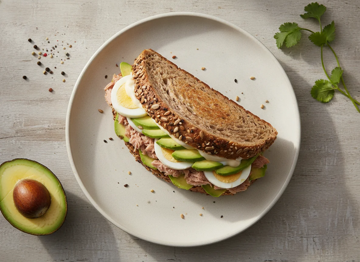 Sándwich de atún, huevo y aguacate en pan integral de semillas photo