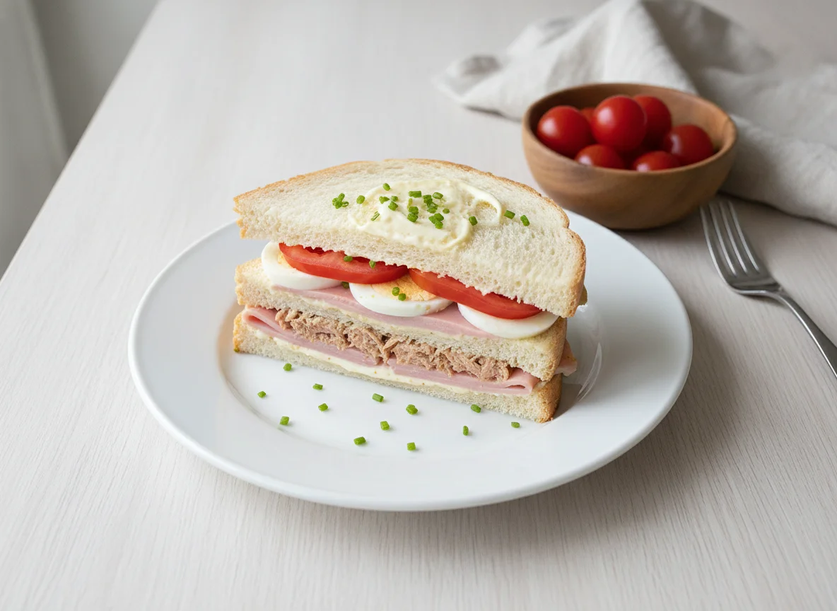 Sándwich de atún, huevo y jamón photo