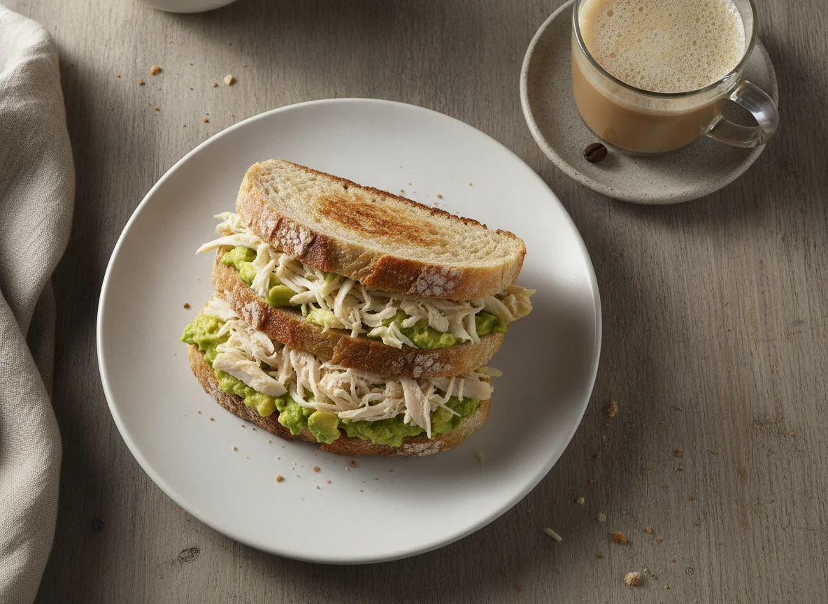 Sándwich de ave palta y café con leche photo