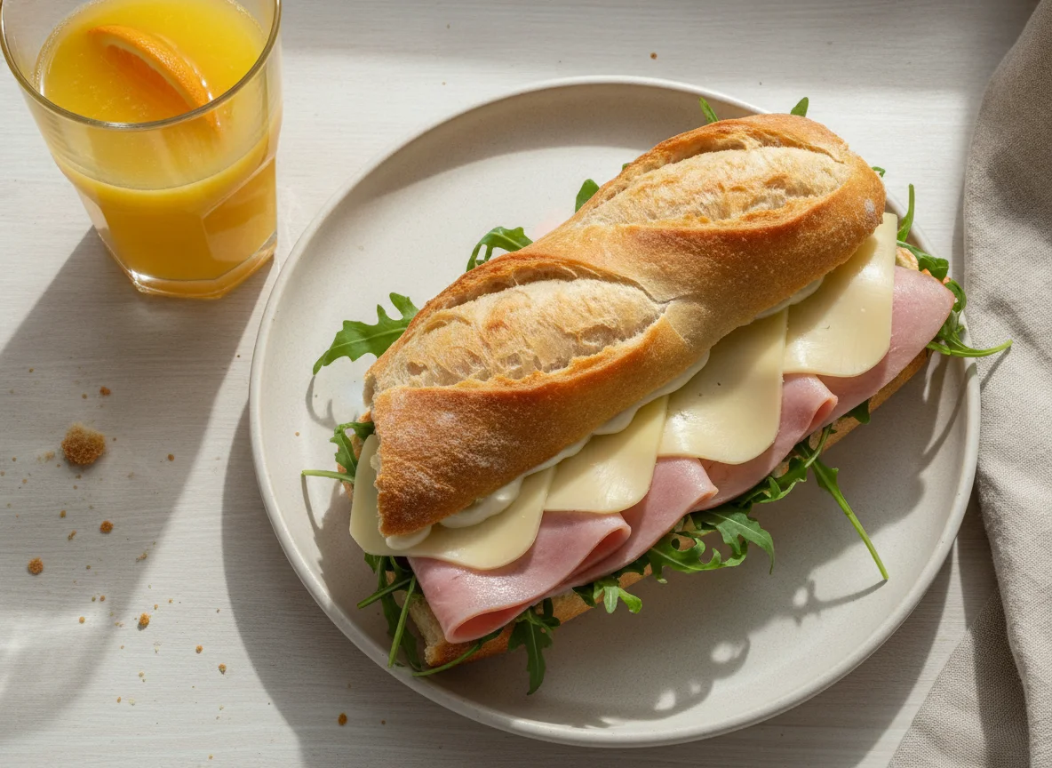 Sándwich de baguette con jamón, queso y rúcula photo