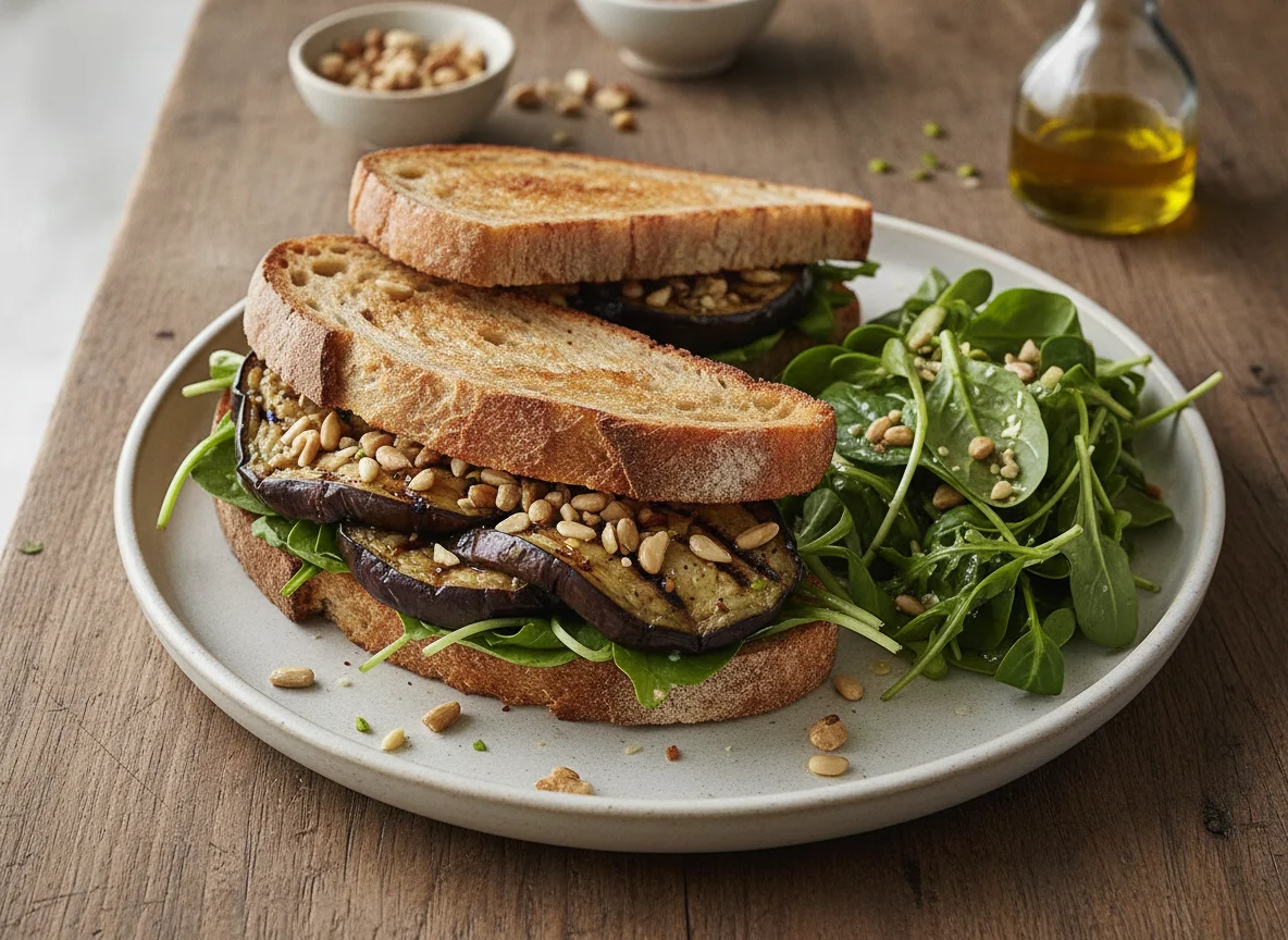 Sándwich de berenjena asada con ensalada lateral photo