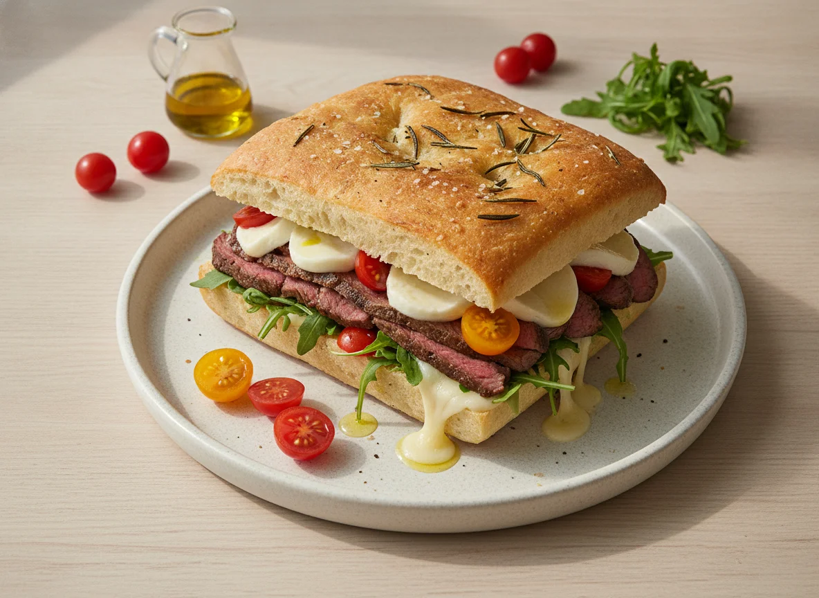 Sándwich de bistec con tomates cherry y arúgula photo