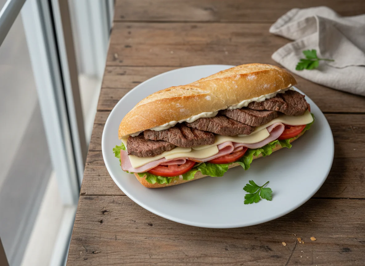 Sándwich de carne asada y jamón y queso photo