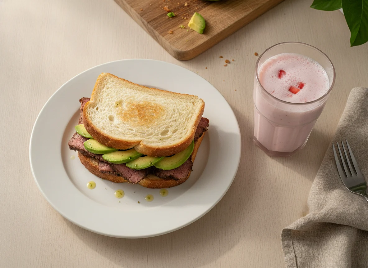Sándwich de carne con aguacate y bebida láctea photo