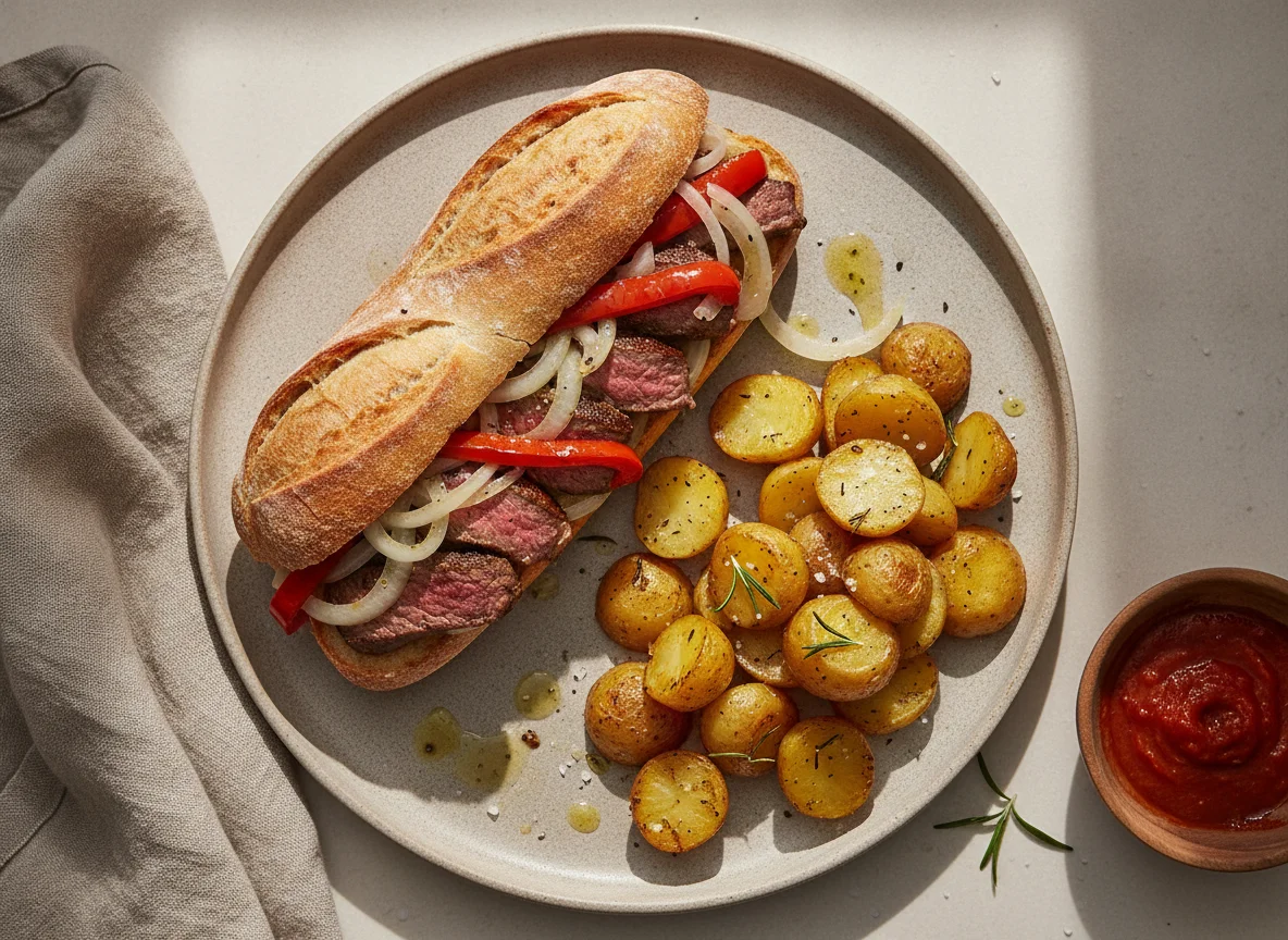 Sándwich de carne con papas asadas photo
