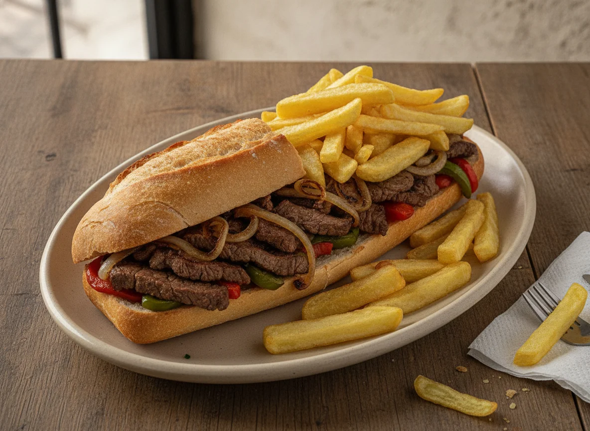 Sándwich de carne con papas fritas photo