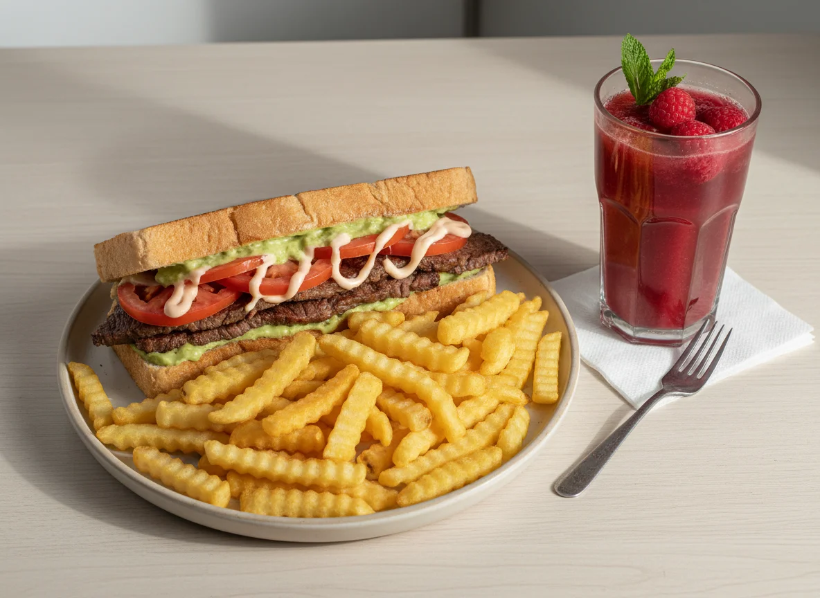 Sándwich de carne con papas fritas y jugo photo