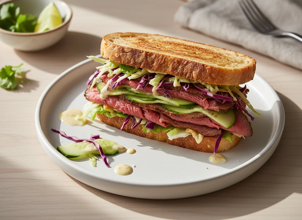 Sándwich de carne con pepino y repollo photo