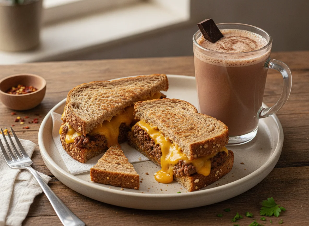 Sándwich de carne con queso y bebida láctea photo