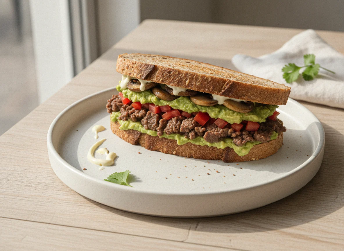 Sándwich de carne con tomate, palta y champiñones photo