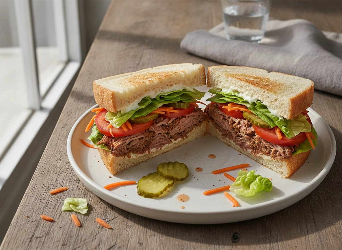 Sándwich de carne desmechada con vegetales photo