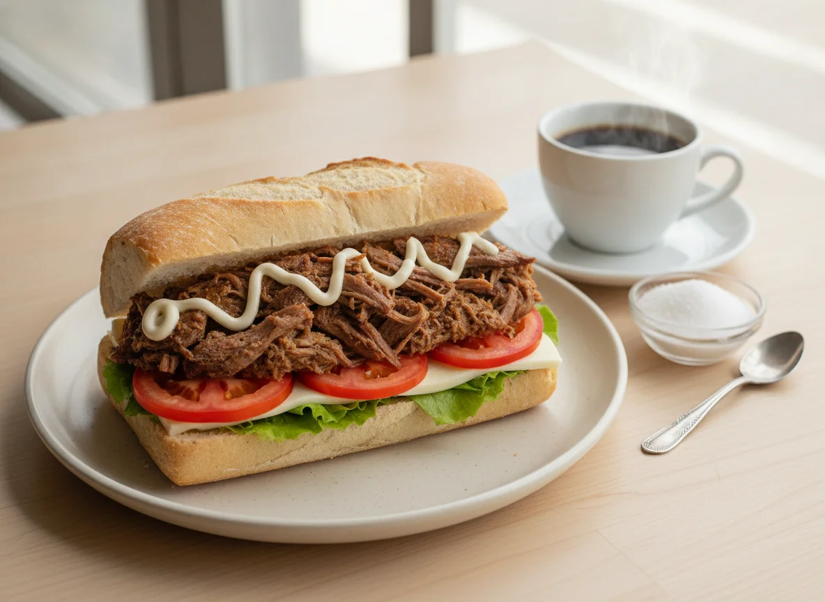 Sándwich de carne mechada con café negro photo
