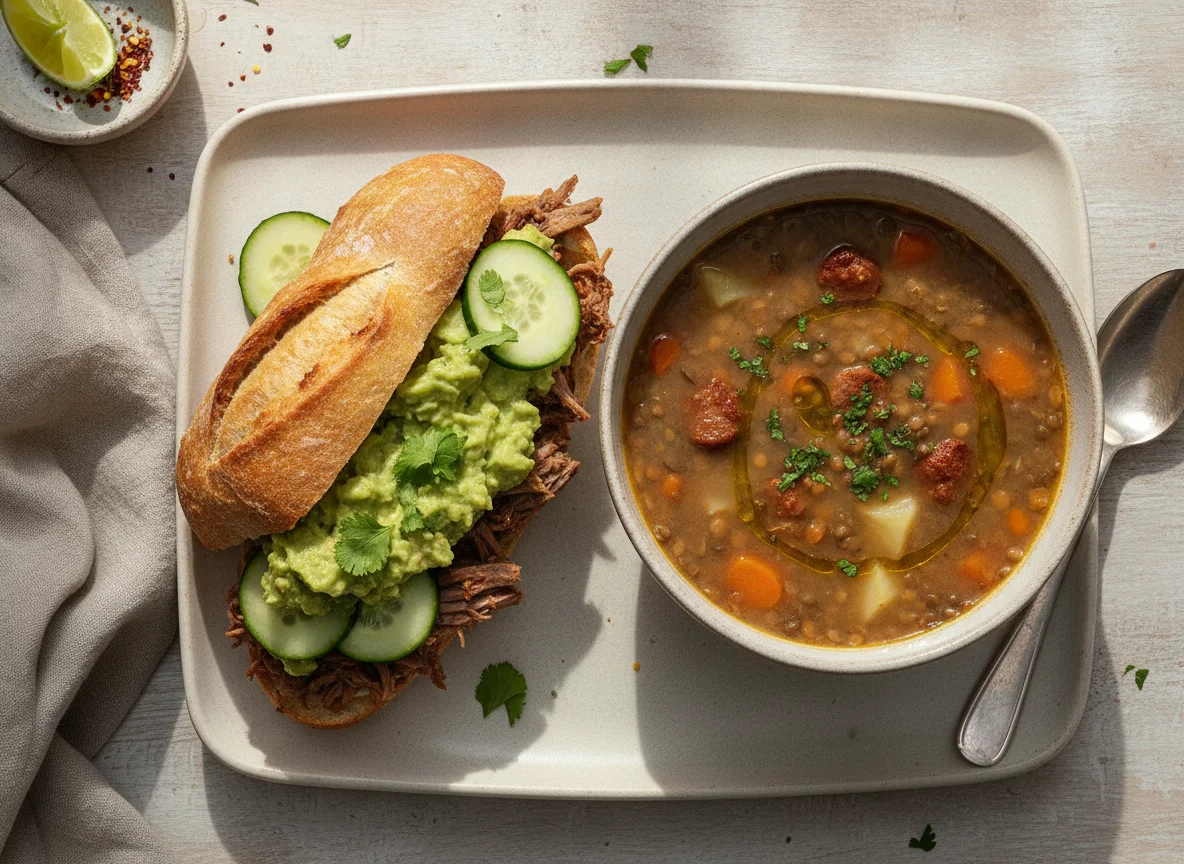 Sándwich de carne mechada con guacamole y sopa de lentejas photo