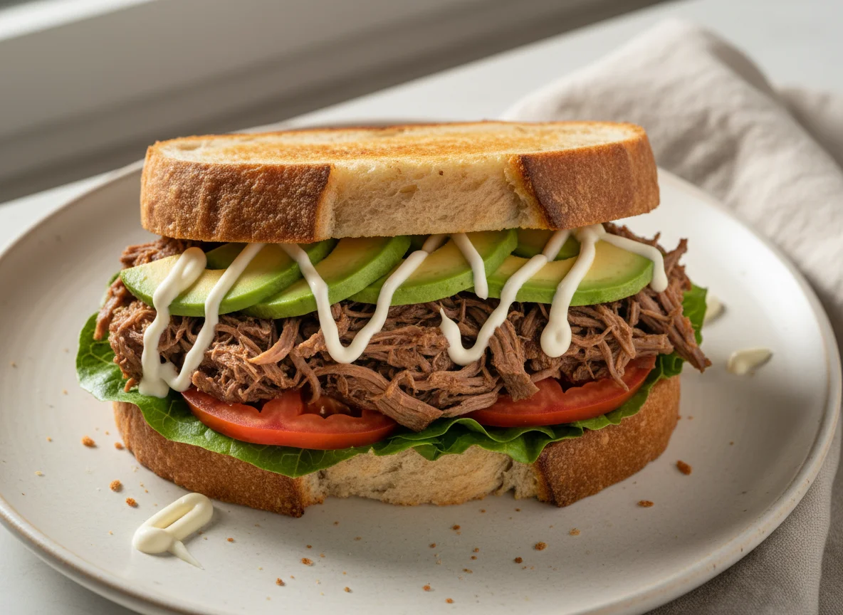 Sándwich de carne mechada con palta y mayonesa photo