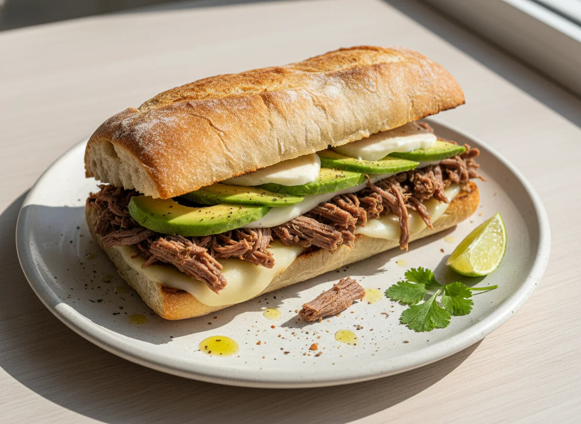Sándwich de carne mechada con palta y queso photo