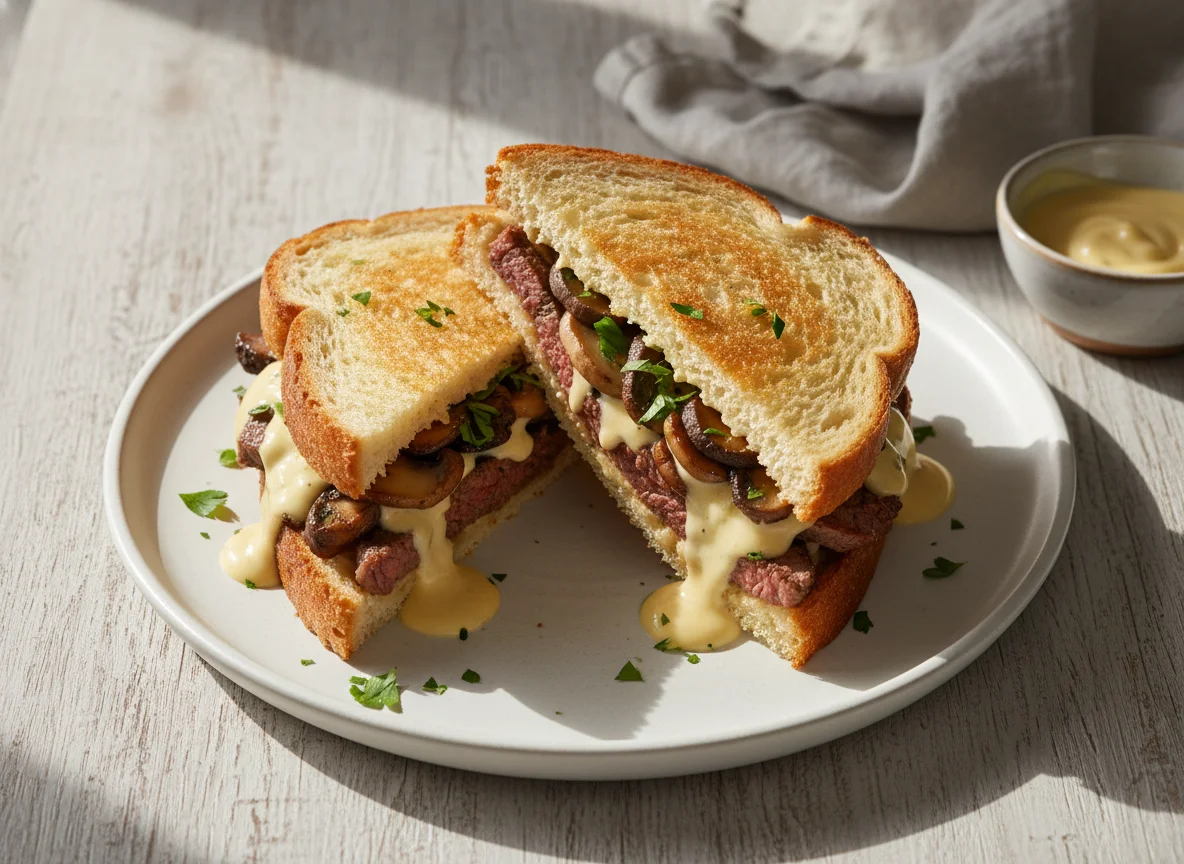 Sándwich de carne y champiñones photo