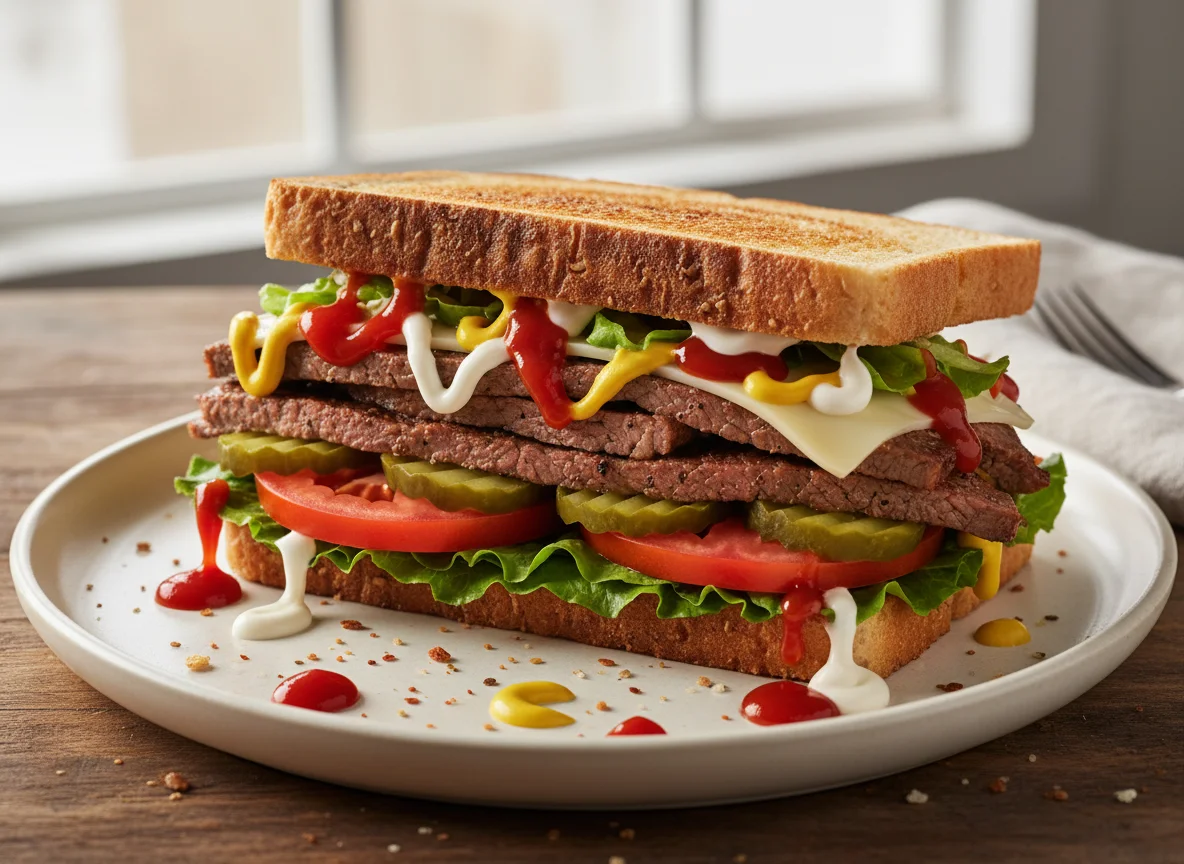 Sándwich de carne y queso con vegetales y salsas photo