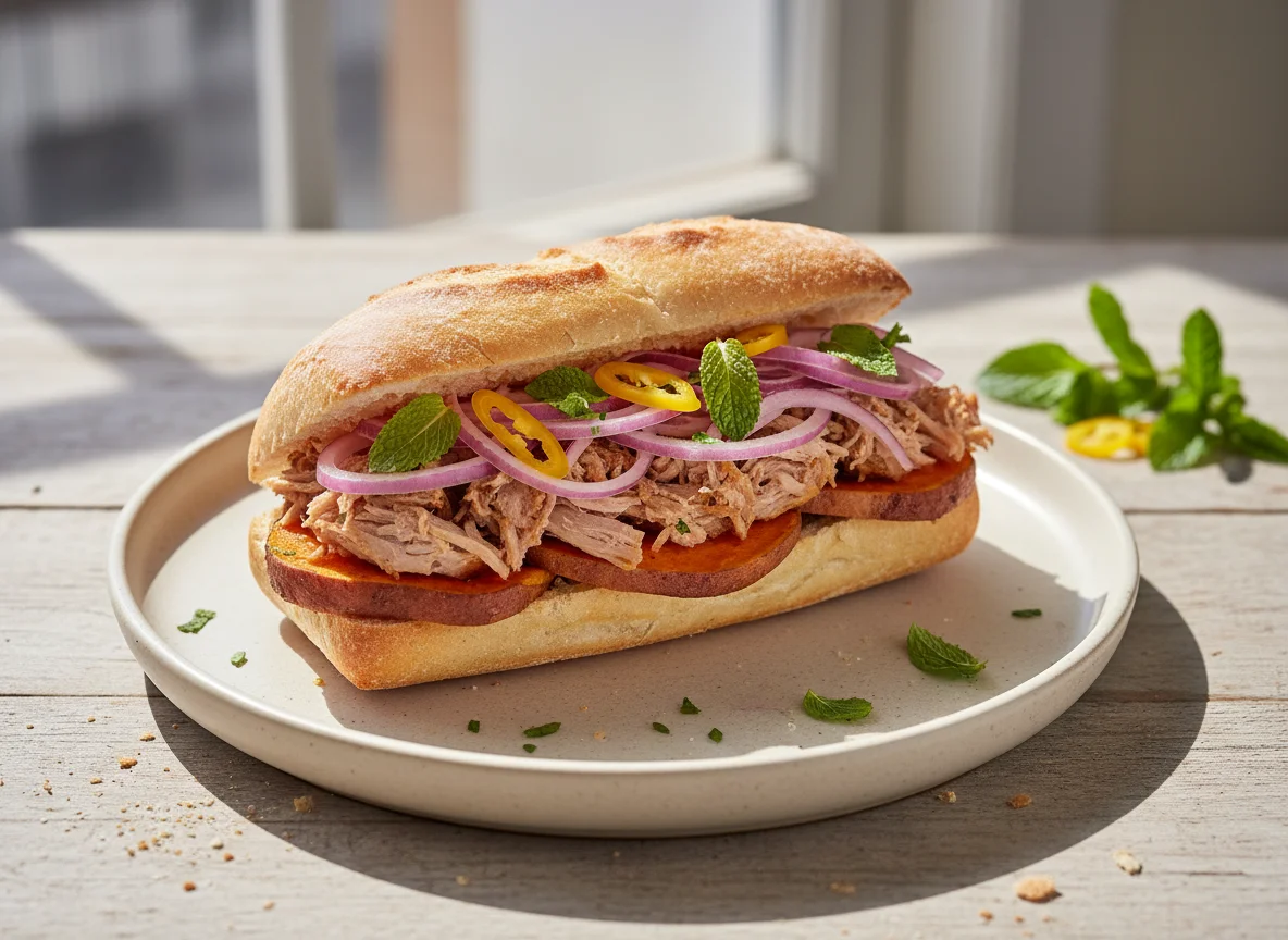 Sándwich de cerdo con camote y cebolla photo