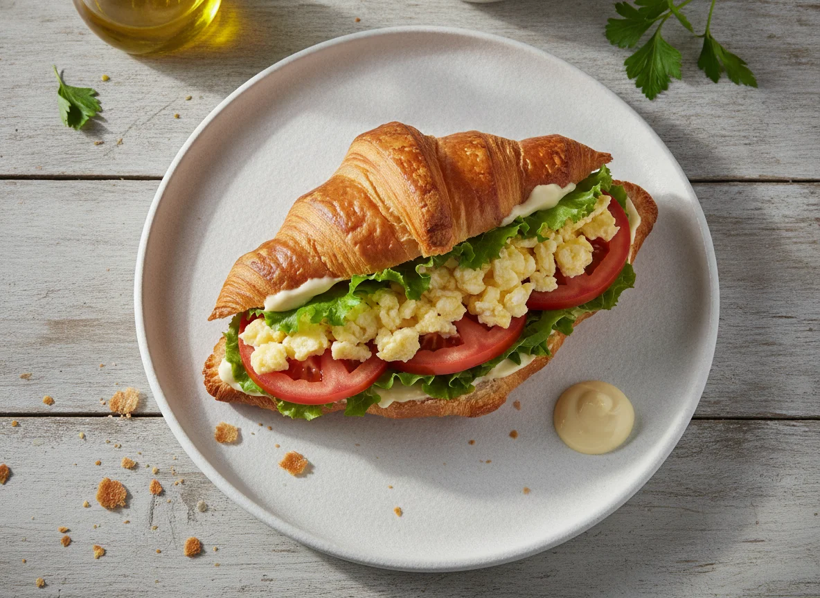 Sándwich de croissant con huevo y vegetales photo