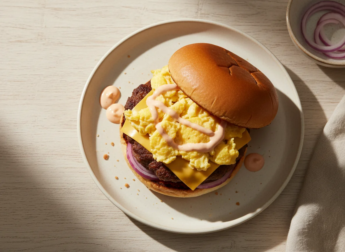 Sándwich de desayuno con carne y huevo photo