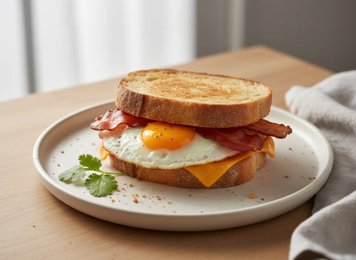 Sándwich de desayuno con huevo, tocino y queso photo