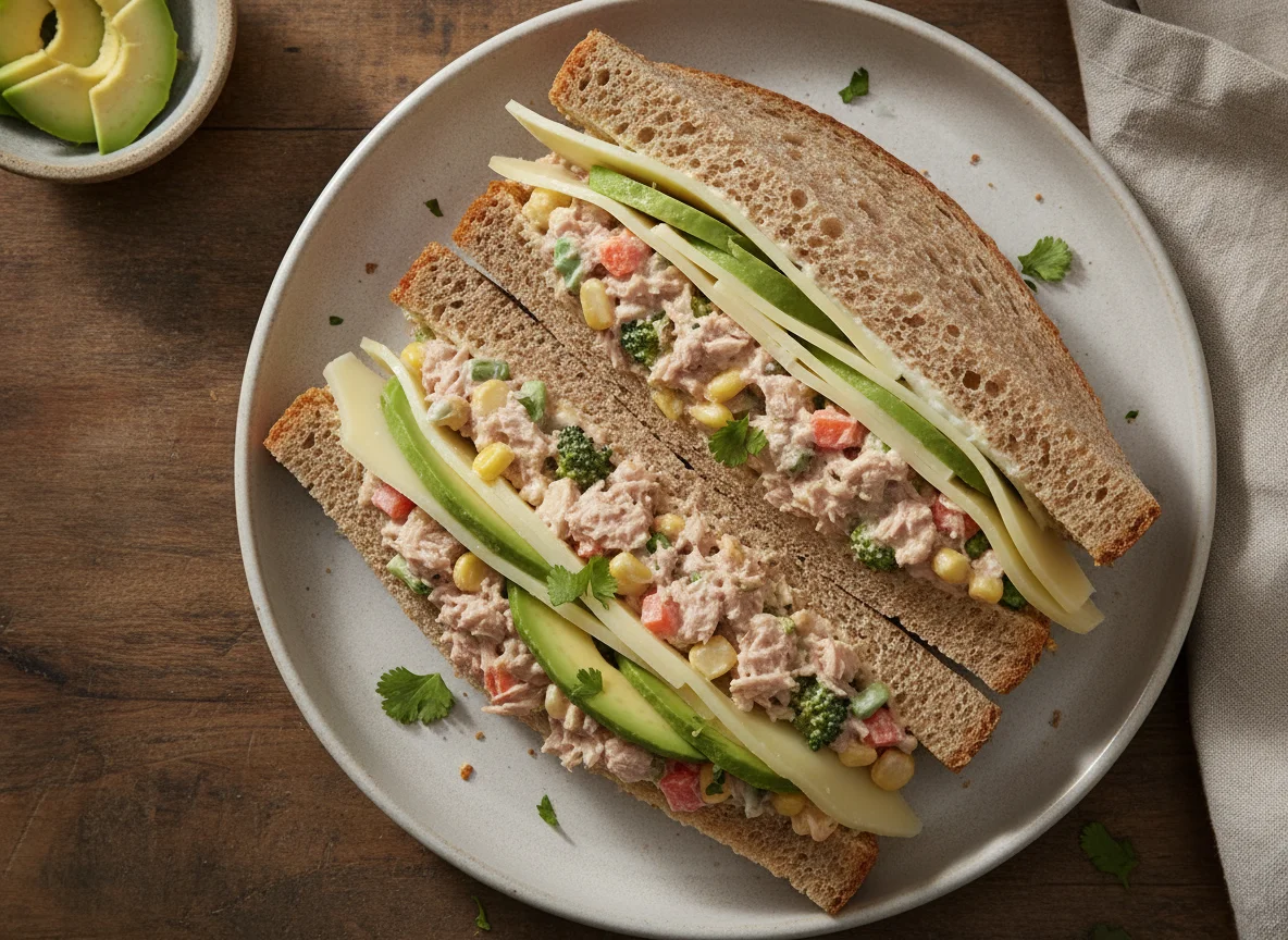 Sándwich de ensalada de atún con queso y aguacate photo