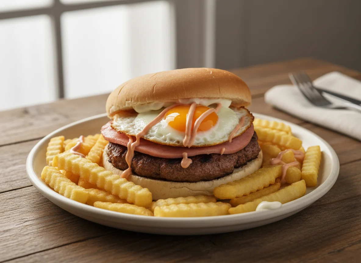 Sándwich de hamburguesa con papas y huevo photo